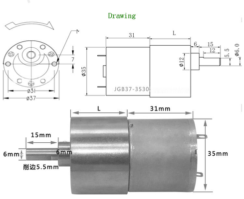 High Torque 37mm Brushed Electric DC Gear Motor Low Rpm 7RPM For Robot